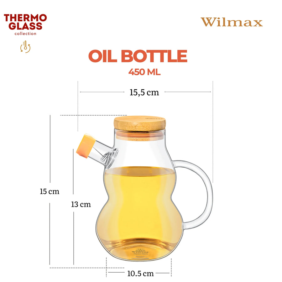 Wilmax Ölflasche 450 ml mit Ausgießer und Filter Transparent Glas – Anwendungs- oder Detailansicht; Lieferumfang: 1 Stück