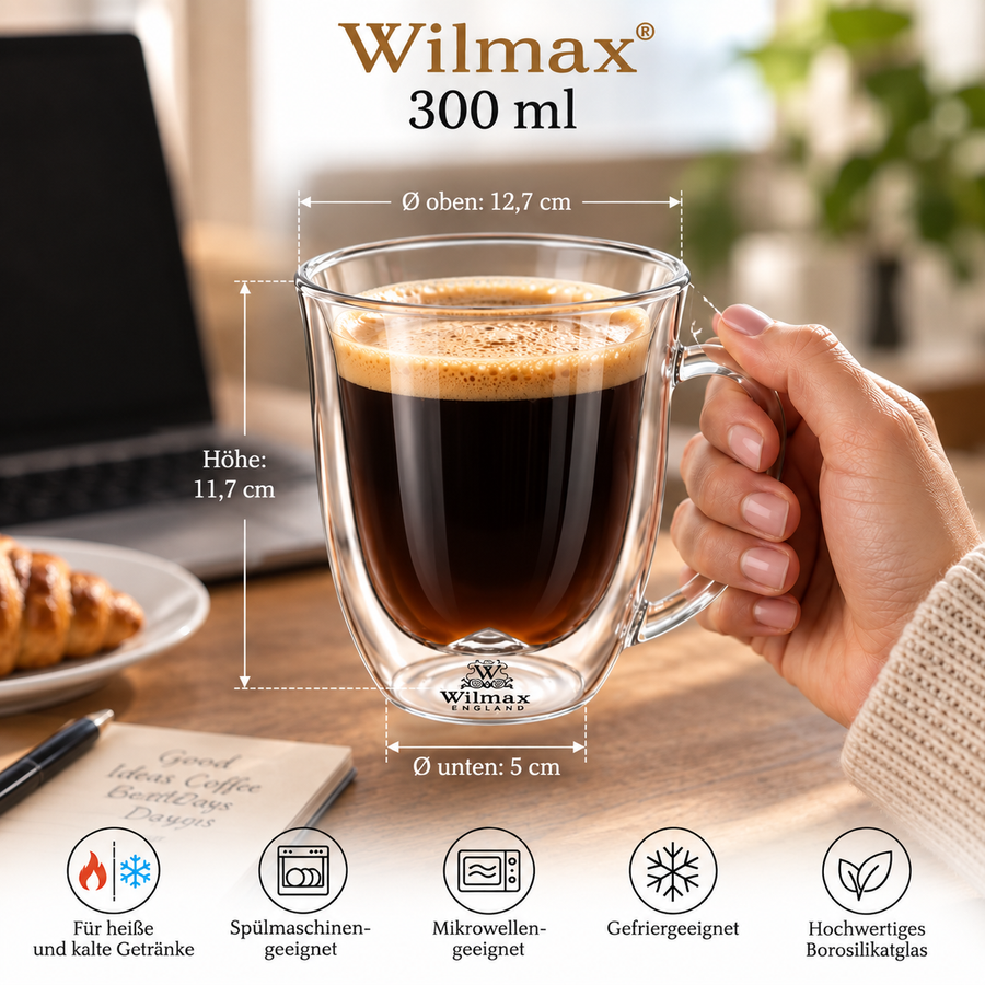 Wilmax Doppelwandiger Becher 300 ml 2er-Set Transparent – Anwendungs- oder Detailansicht; Lieferumfang: 2 Stück