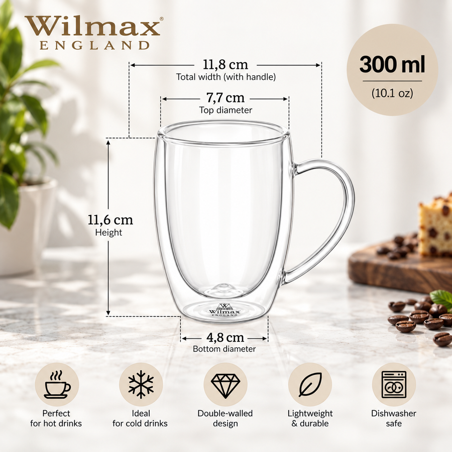 Wilmax Doppelwandiger Glasbecher 300 ml 2er-Set Transparent – Anwendungs- oder Detailansicht; Lieferumfang: 2 Stück