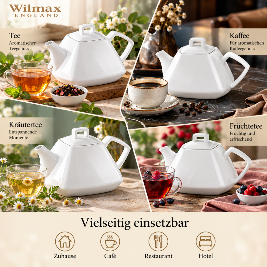 Wilmax Kaffee- und Teekanne mit Ausgusssieb 1050 ml Weiß Porzellan – Anwendungs- oder Detailansicht; Lieferumfang: 1 Stück