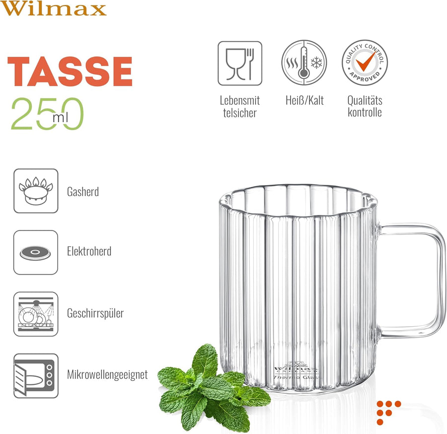 Wilmax Hitzebeständige Glastasse mit Henkel 250 ml 6er-Set Glas – Anwendungs- oder Detailansicht; Lieferumfang: 6 Stück