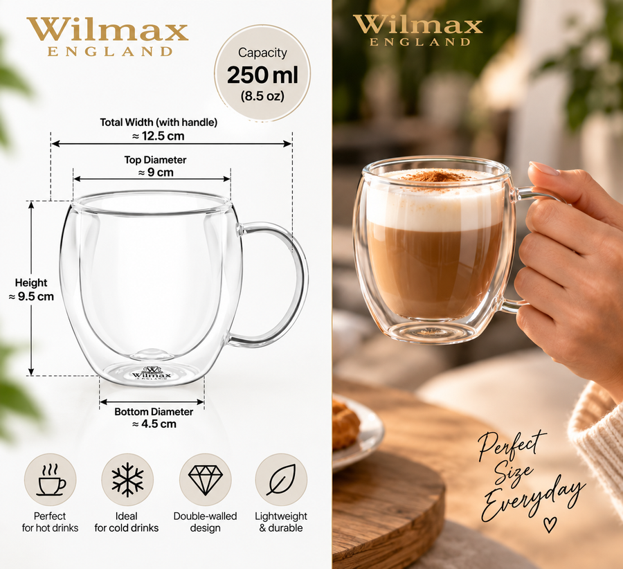 Wilmax Doppelwandiger Glasbecher 250 ml 2er-Set Transparent – Anwendungs- oder Detailansicht; Lieferumfang: 2 Stück