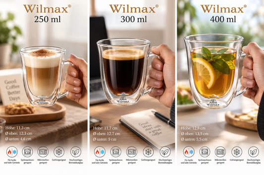 Wilmax Doppelwandiger Becher 400 ml 4er-Set Transparent – Anwendungs- oder Detailansicht; Lieferumfang: 4 Stück