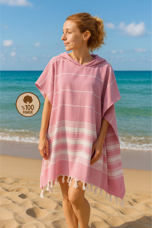 HELDENA Poncho Bademantel Rosa aus 100% Baumwolle Peshtemal für Bad, Pool und Strand