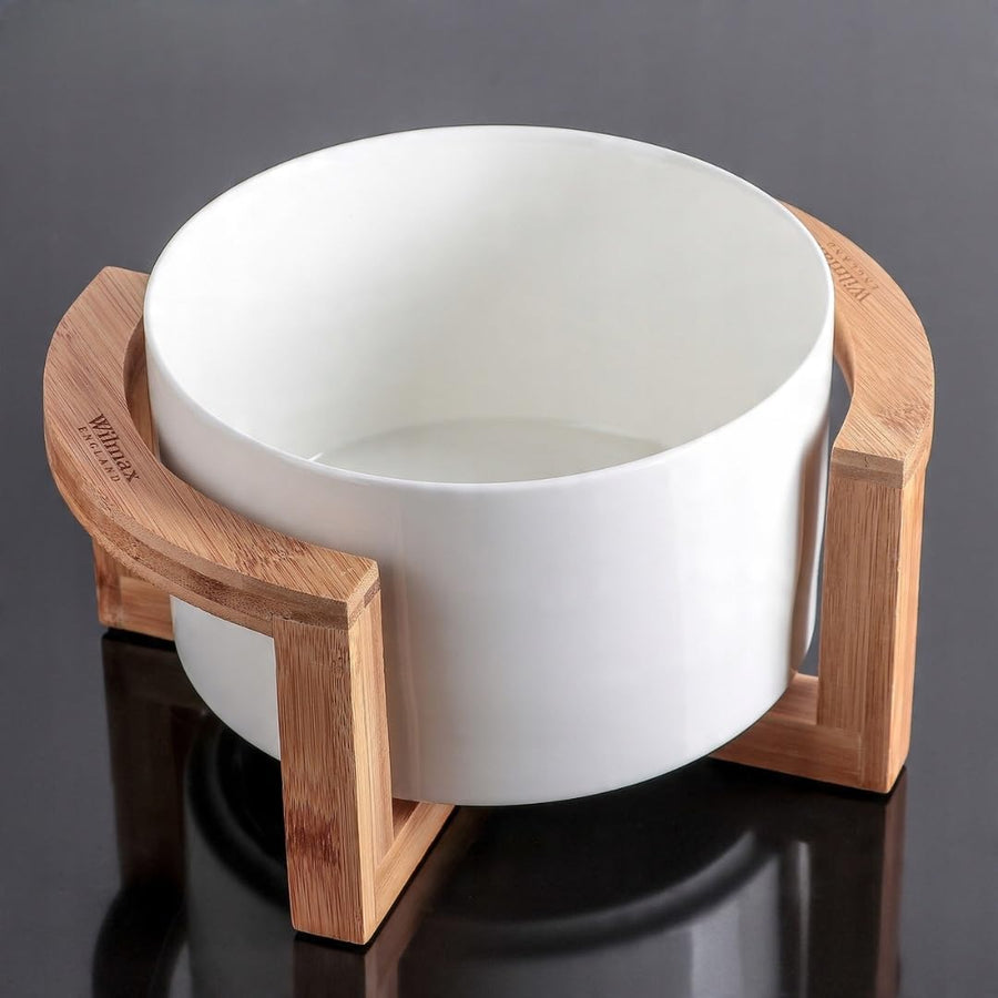 Wilmax Servierset 2-teilig mit Schüssel 20 cm mit Bambusständer Weiß Porzellan – Anwendungs- oder Detailansicht; Lieferumfang: 1 Schüssel + 1 Bambusständer