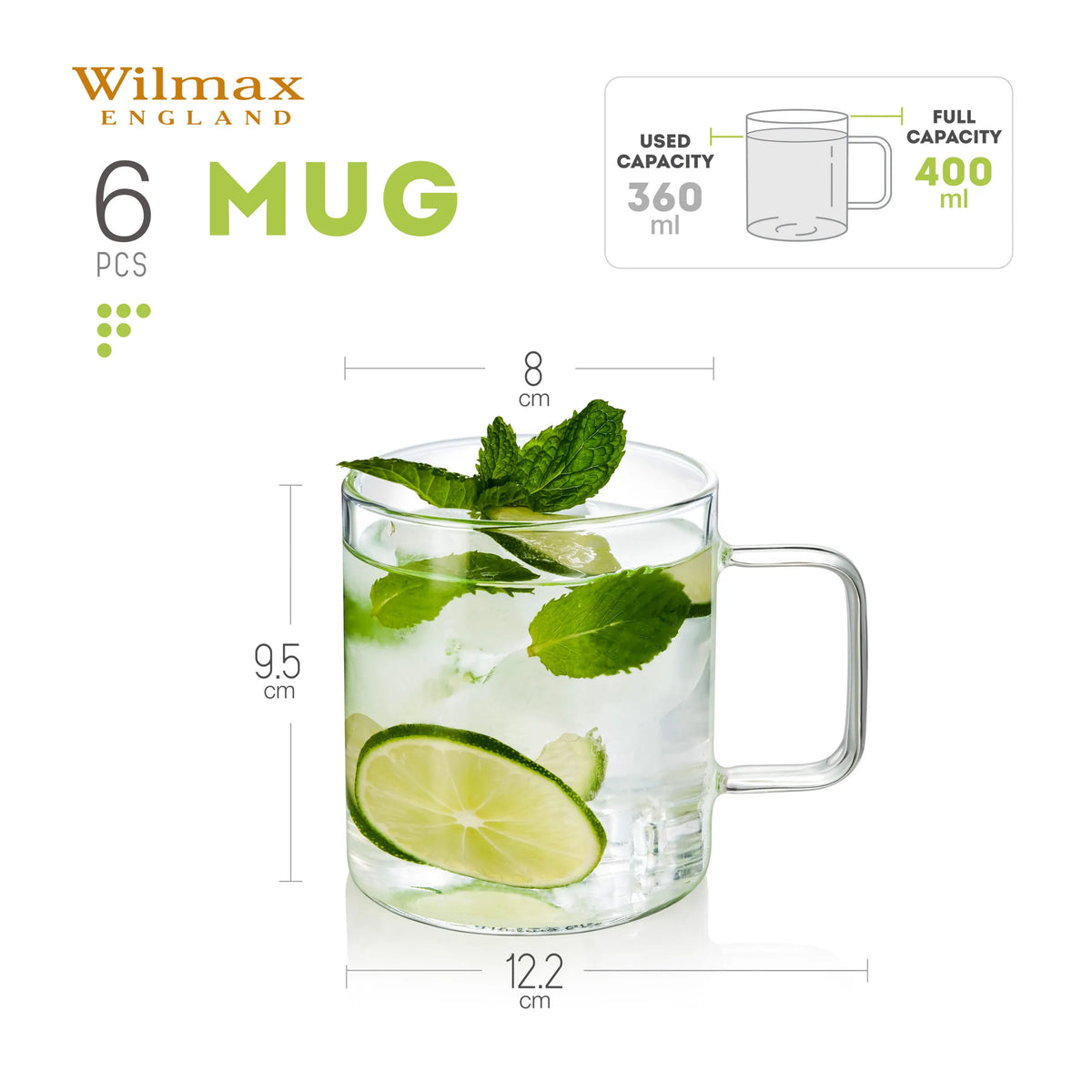 Wilmax Kaffeetasse 400 ml 6er-Set Transparent Borosilikatglas – Anwendungs- oder Detailansicht; Lieferumfang: 6 Stück