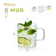 Wilmax Kaffeetasse 400 ml 6er-Set Transparent Borosilikatglas – Anwendungs- oder Detailansicht; Lieferumfang: 6 Stück