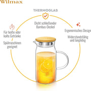 Wilmax Krug 1000 ml mit Bambusdeckel Transparent Thermoglas – Anwendungs- oder Detailansicht; Lieferumfang: 1 Stück