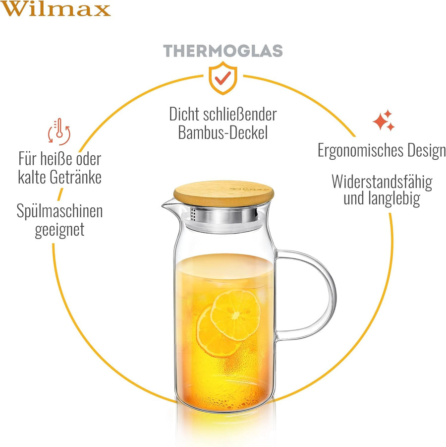 Wilmax Krug 1000 ml mit Bambusdeckel Transparent Thermoglas – Anwendungs- oder Detailansicht; Lieferumfang: 1 Stück