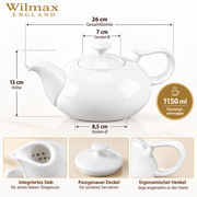 Wilmax Kaffee- und Teekanne mit Ausgusssieb 1150 ml Weiß Porzellan – Anwendungs- oder Detailansicht; Lieferumfang: 1 Stück