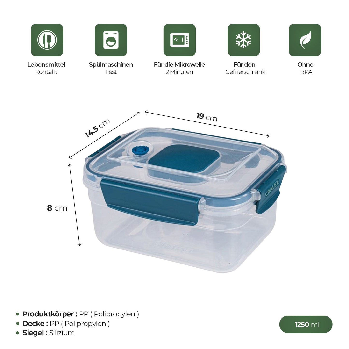 Vakuumbehälter 1250 ml für Meal Prep Snacks und Reste