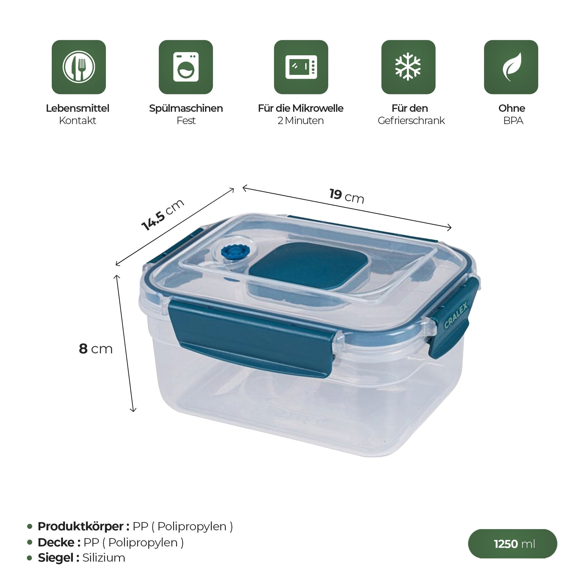 Vakuumbehälter 1250 ml für Meal Prep Snacks und Reste