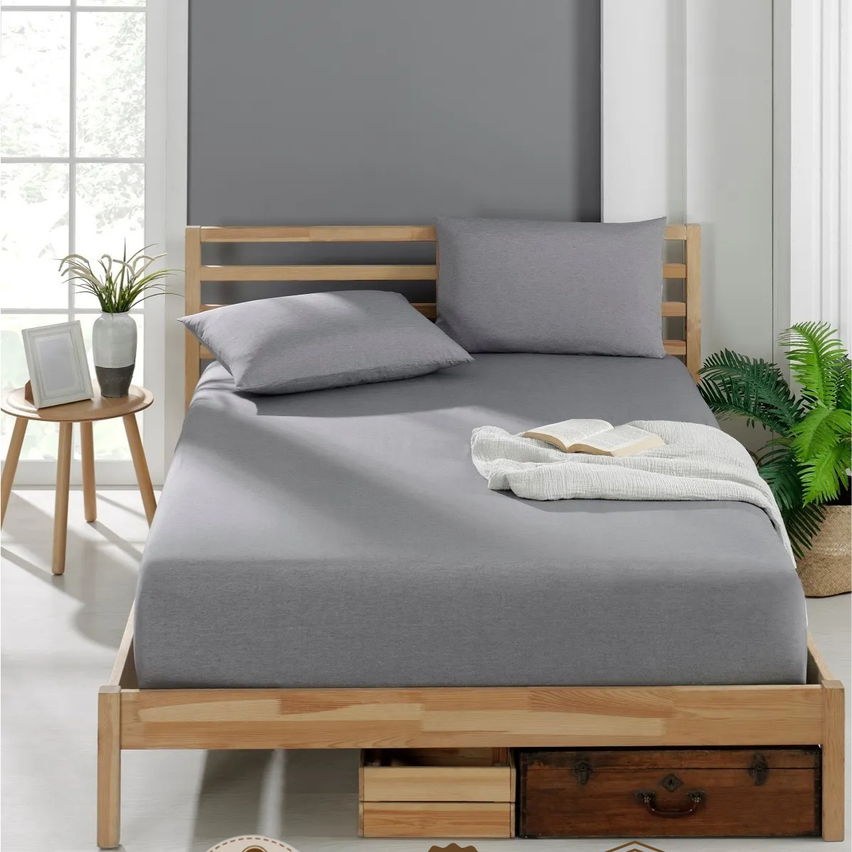Spannbettlaken Grau Baumwolle Detail Gummizug passgenau Doppelbett