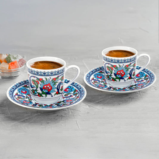 GÜRAL Gözde Double Kaffee-Set, 4-tlg, Porzellan, Weiß mit traditionellem Muster, 120 ml