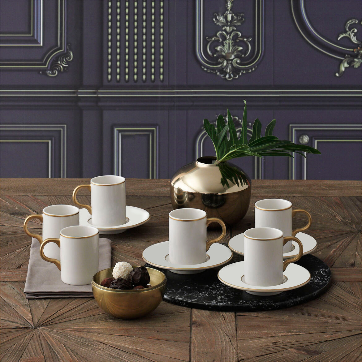 GÜRAL Camelia Kaffee-Set 12-teilig Weiß-Gold Bone Porzellan türkische Kaffeetassen für 6 Personen
