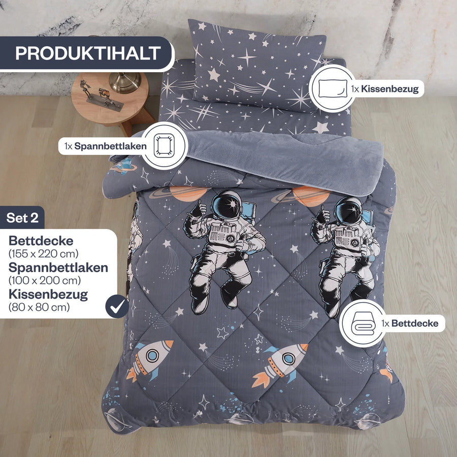 Lieferumfang des HELDENA Astronaut Schlafsets in 155 x 220 cm