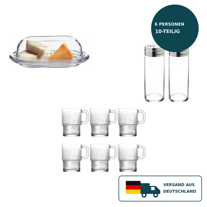 HELDENA Frühstücksset mit Butterdose, Gewürzstreuern und 6 Teegläsern