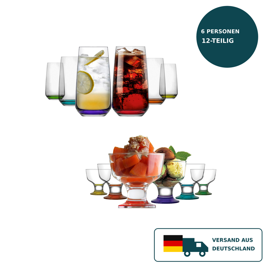 HELDENA Sommer-Set 12-tlg. – 6 Longdrinkgläser 480 ml und 6 Dessertschalen 285 ml