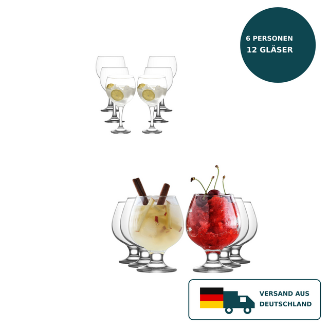HELDENA Stiel- & Brandygläser Set 12-tlg. – 6×645 ml + 6×390 ml