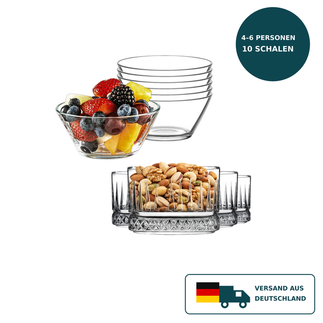 HELDENA Glasschalen Set 10-tlg. – 6×345 ml rund und 4×235 ml eckig