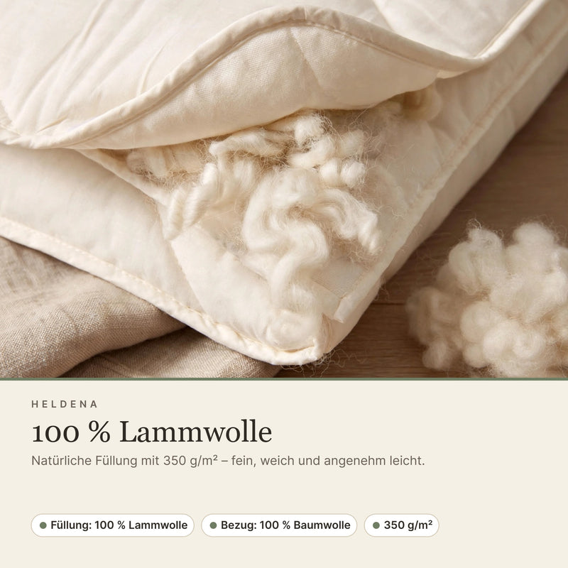 Füllung aus 100 % Lammwolle, 350 g/m² – Bezug aus 100 % Baumwolle