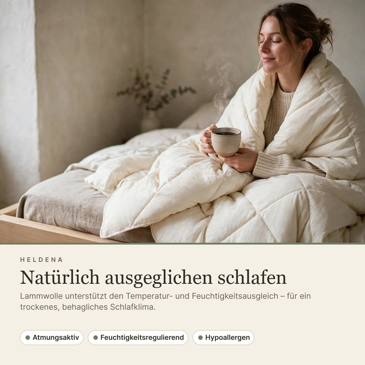 Lammwolle unterstützt Temperatur- und Feuchtigkeitsausgleich – atmungsaktiv, hypoallergen