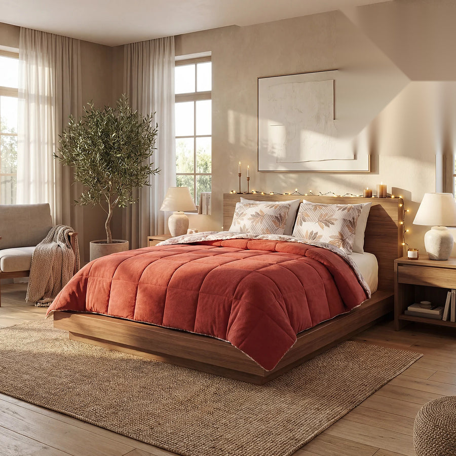 HELDENA Wellsoft Bettdecke Orange auf dem Bett