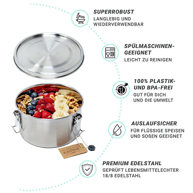 Runde Edelstahl Lunchbox Tiffin 1200 ml für Meal Prep und Mahlzeiten unterwegs