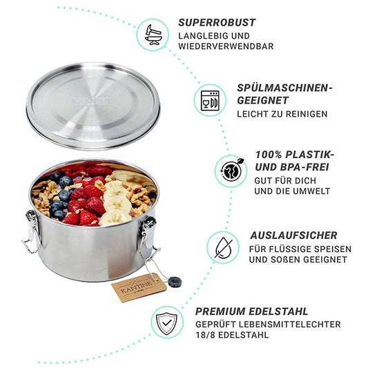 Runde Edelstahl Lunchbox Tiffin 1200 ml für Meal Prep und Mahlzeiten unterwegs