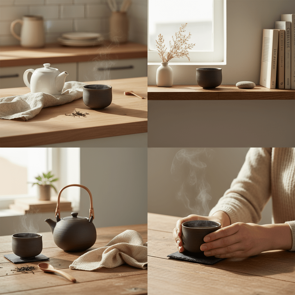 Handgemachte Teeschale Grau Schwarz für japanischen Tee und Matcha