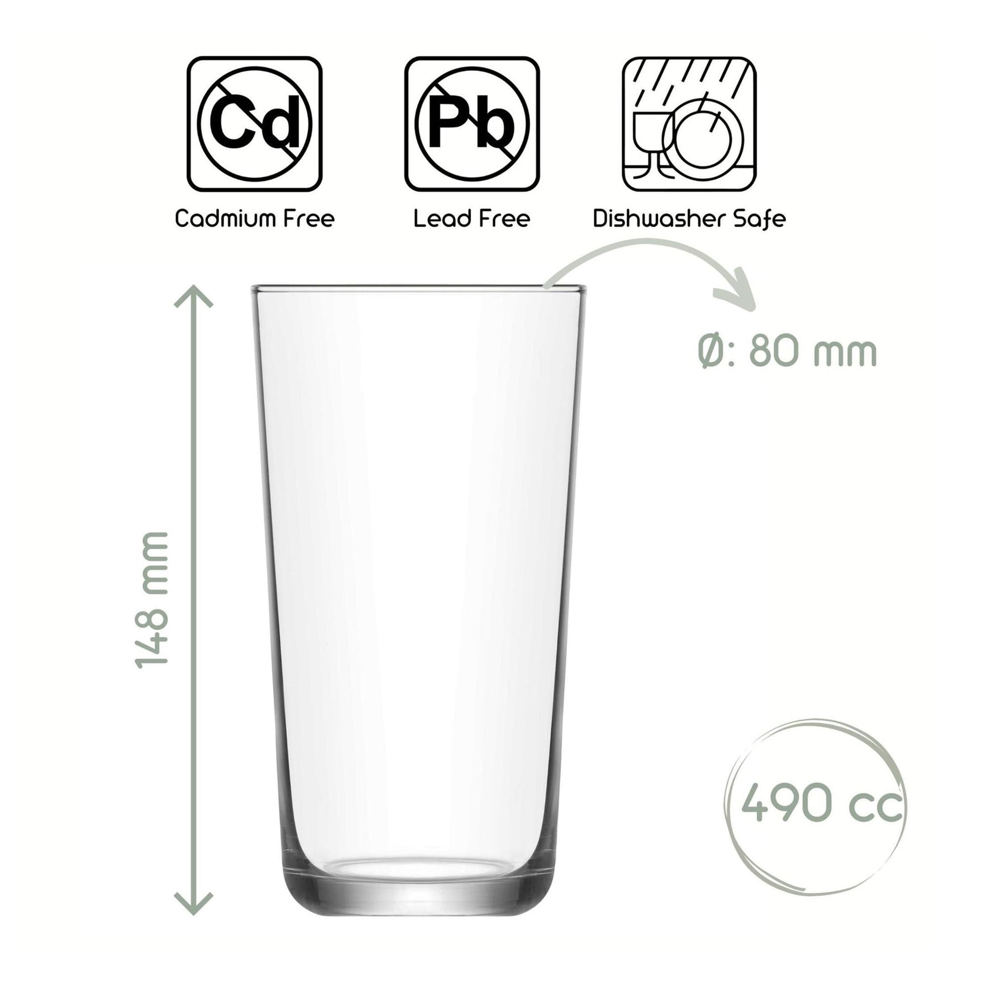 LAV Assos Trinkglas 490 ml Maßansicht aus transparentem Glas für Getränke