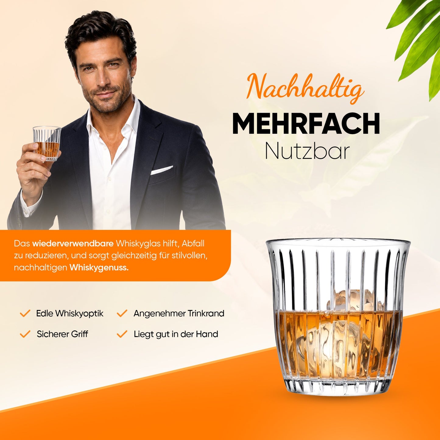 HELDENA Joy Whiskygläser 280 ml – 4er Set aus geriffeltem Glas