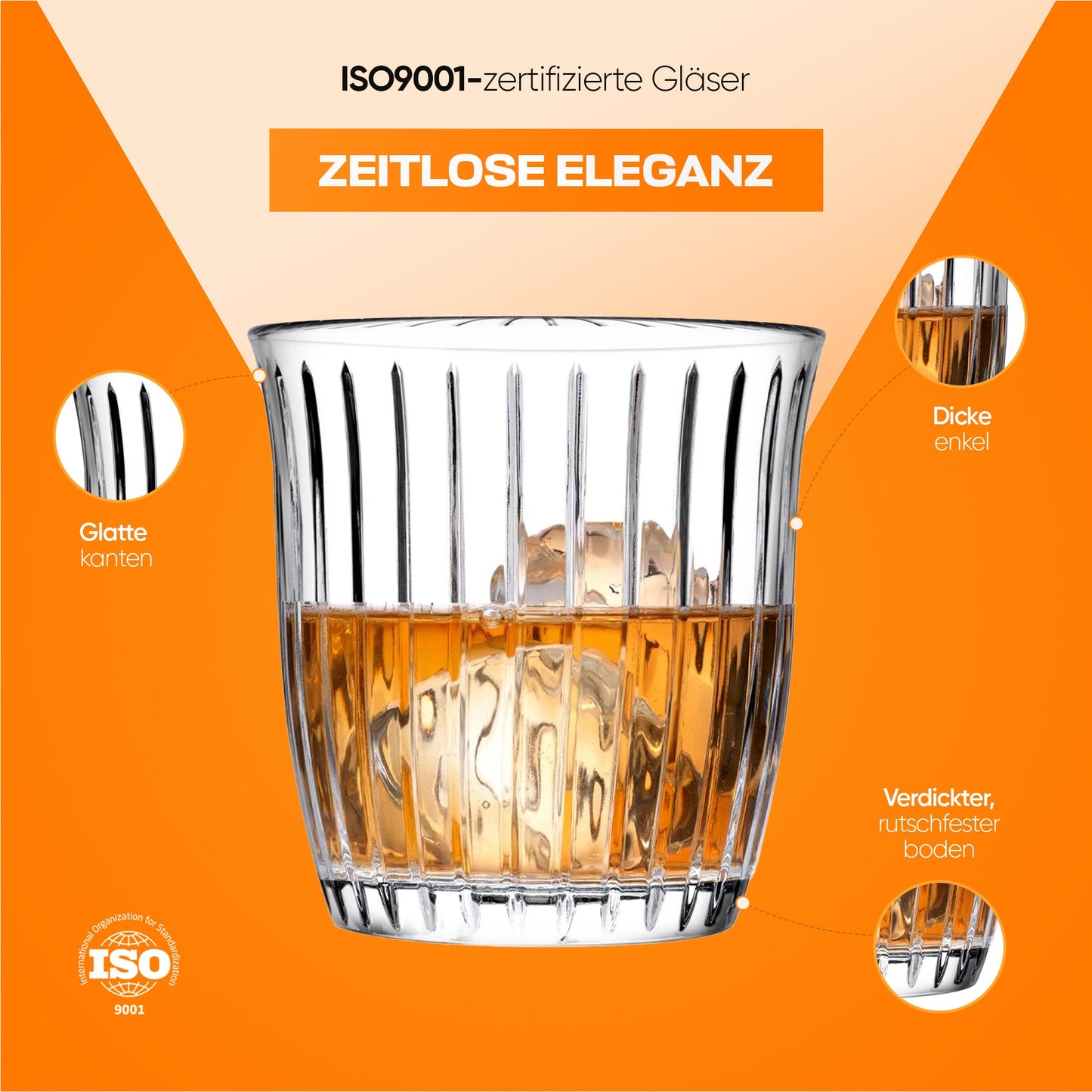 HELDENA Joy Whiskygläser 280 ml – 4er Set aus geriffeltem Glas