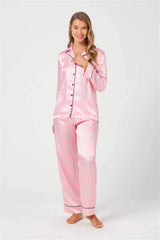 Cottonhill Satin-Pyjama Damen rosa-weiß gestreift, Vorderansicht