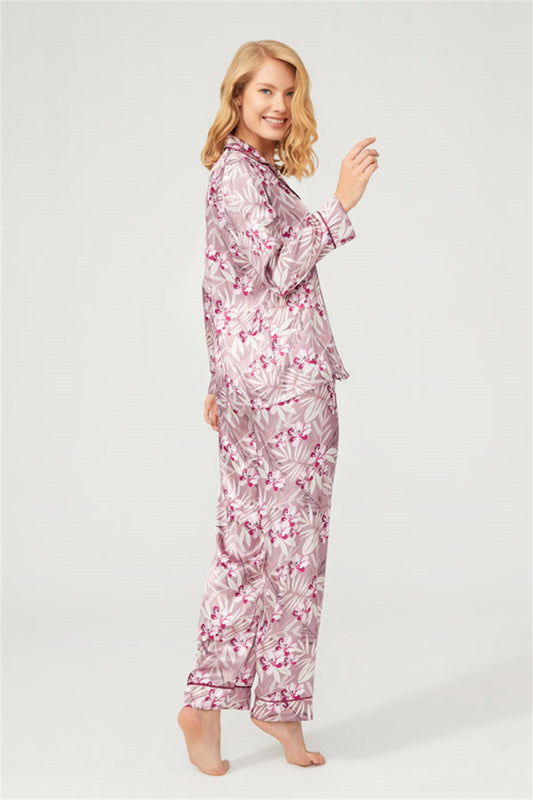 Cottonhill Satin-Pyjama geblümt (Pflaume), Seitenansicht
