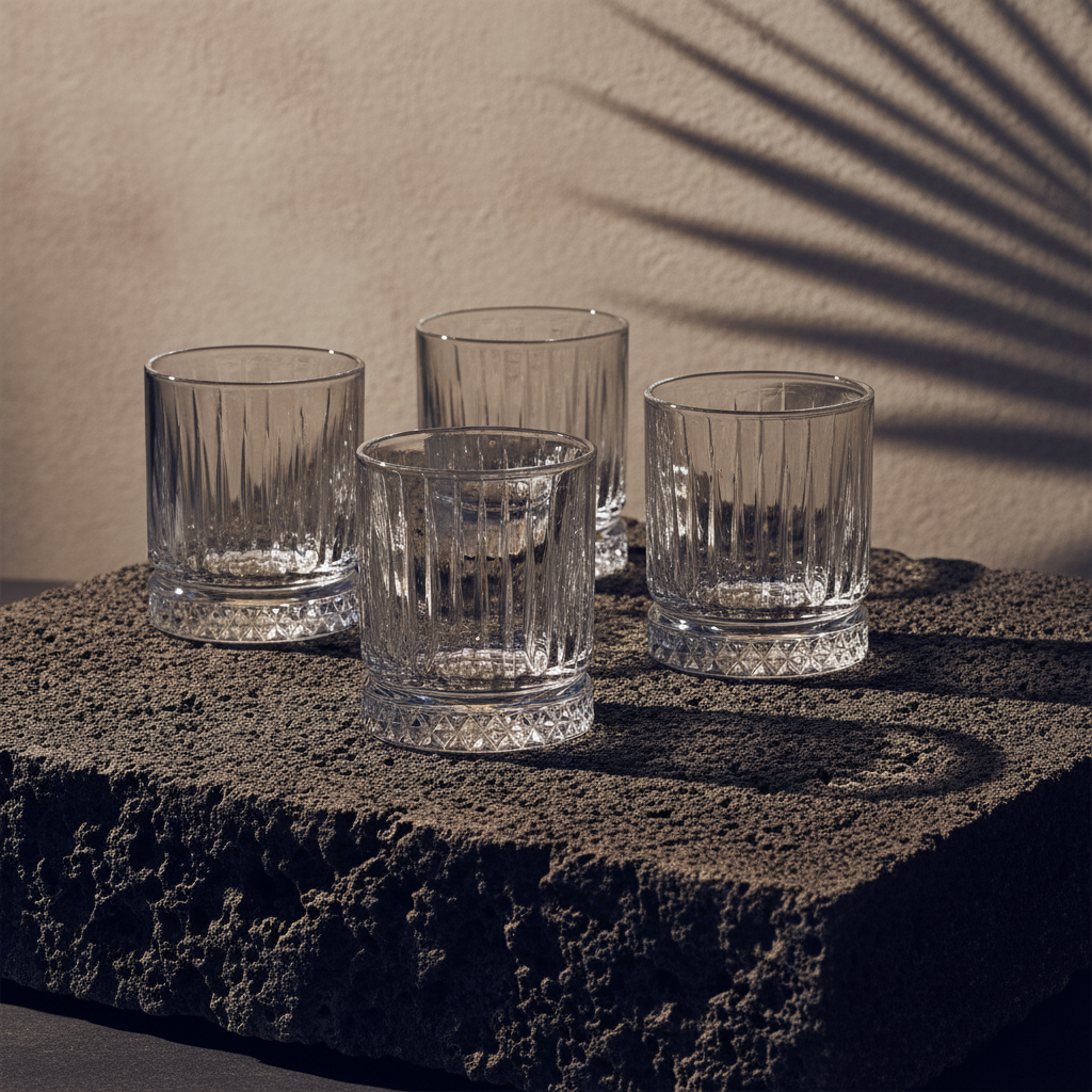 Pasabahce Elysia Tumbler mit Whisky gefüllt schwebende Optik Facettenschliff