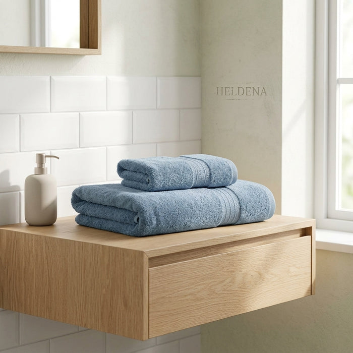 HELDENA Duschtuch Set 2er Blau – 100% Baumwolle 90×170 cm & Haartuch 50×85 cm