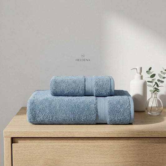 HELDENA Duschtuch Set 2er Blau – 100% Baumwolle 90×170 cm & Haartuch 50×85 cm