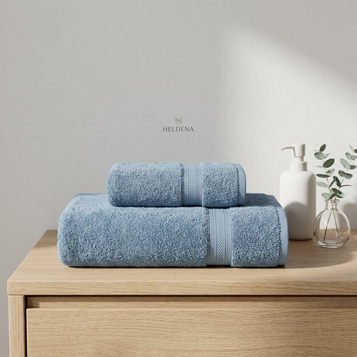 HELDENA Duschtuch Set 2er Blau – 100% Baumwolle 90×170 cm & Haartuch 50×85 cm
