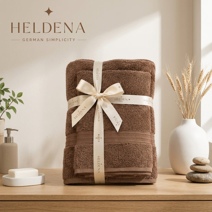 HELDENA Duschtuch Set 2er Braun – 100% Baumwolle 90×170 cm & Haartuch 50×85 cm