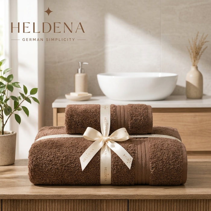 HELDENA Duschtuch Set 2er Braun – 100% Baumwolle 90×170 cm & Haartuch 50×85 cm