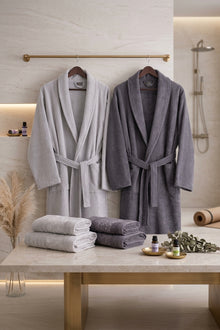 HELDENA Premium Bademantel & Handtuch Set Grau-Anthrazit – 6-teilig Jacquard