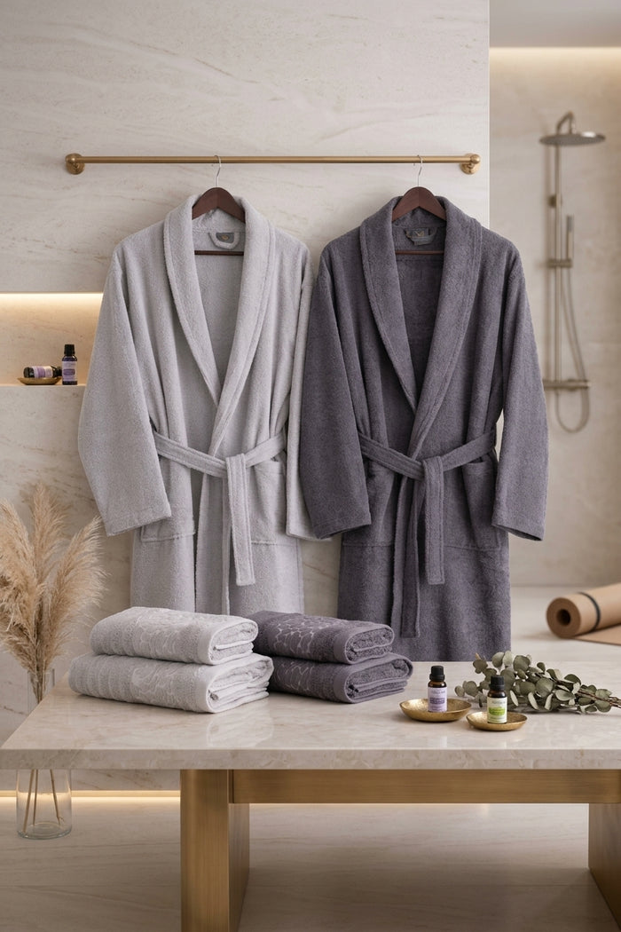HELDENA Premium Bademantel & Handtuch Set Grau-Anthrazit – 6-teilig 100% Baumwolle Jacquard
