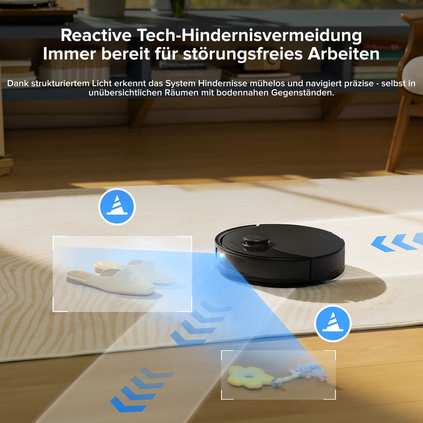 Reactive Tech Hindernisvermeidung Q10 X5 umfährt Spielzeug auf Boden