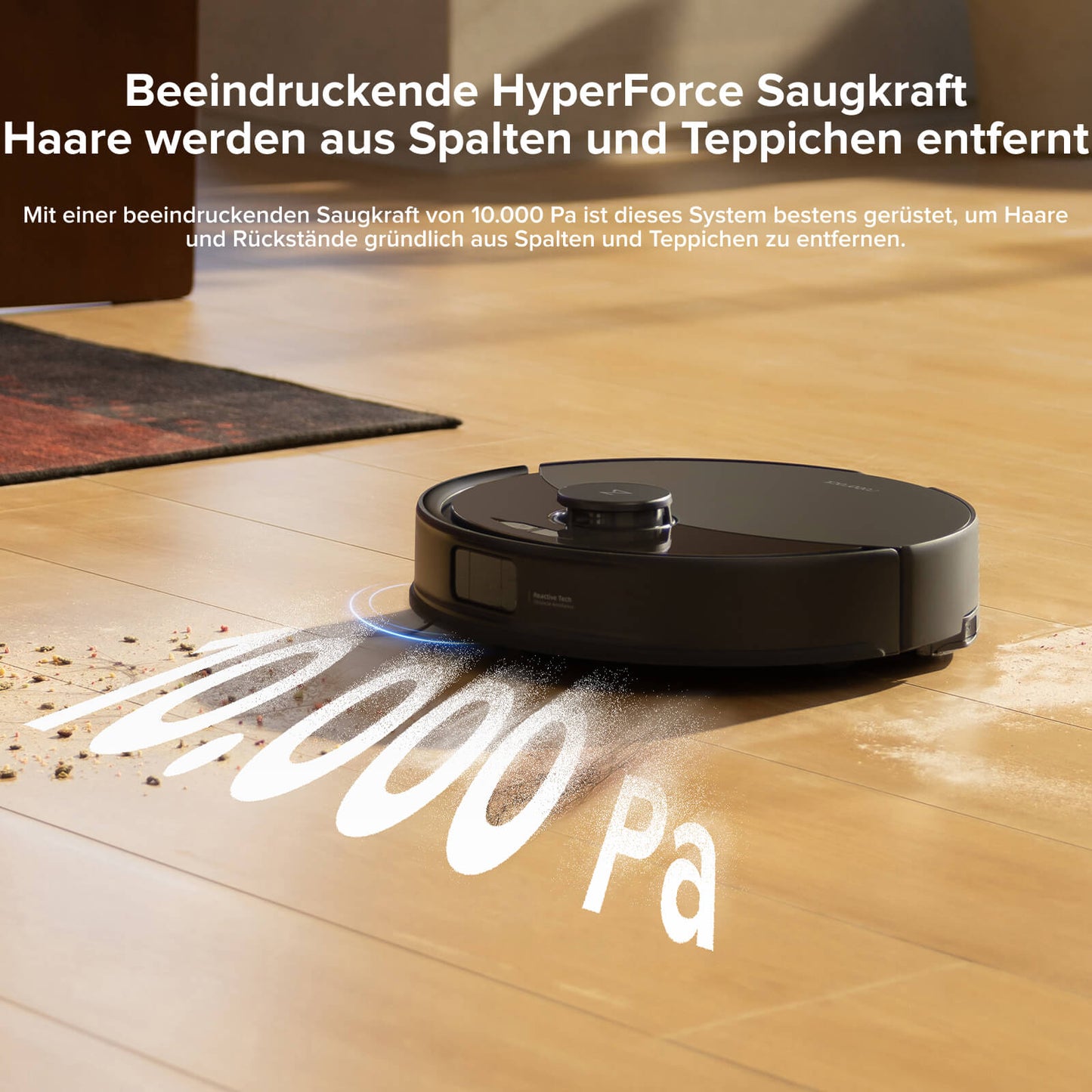 Roborock Q10 X5 saugt auf Teppich mit 10.000 Pa HyperForce Saugkraft