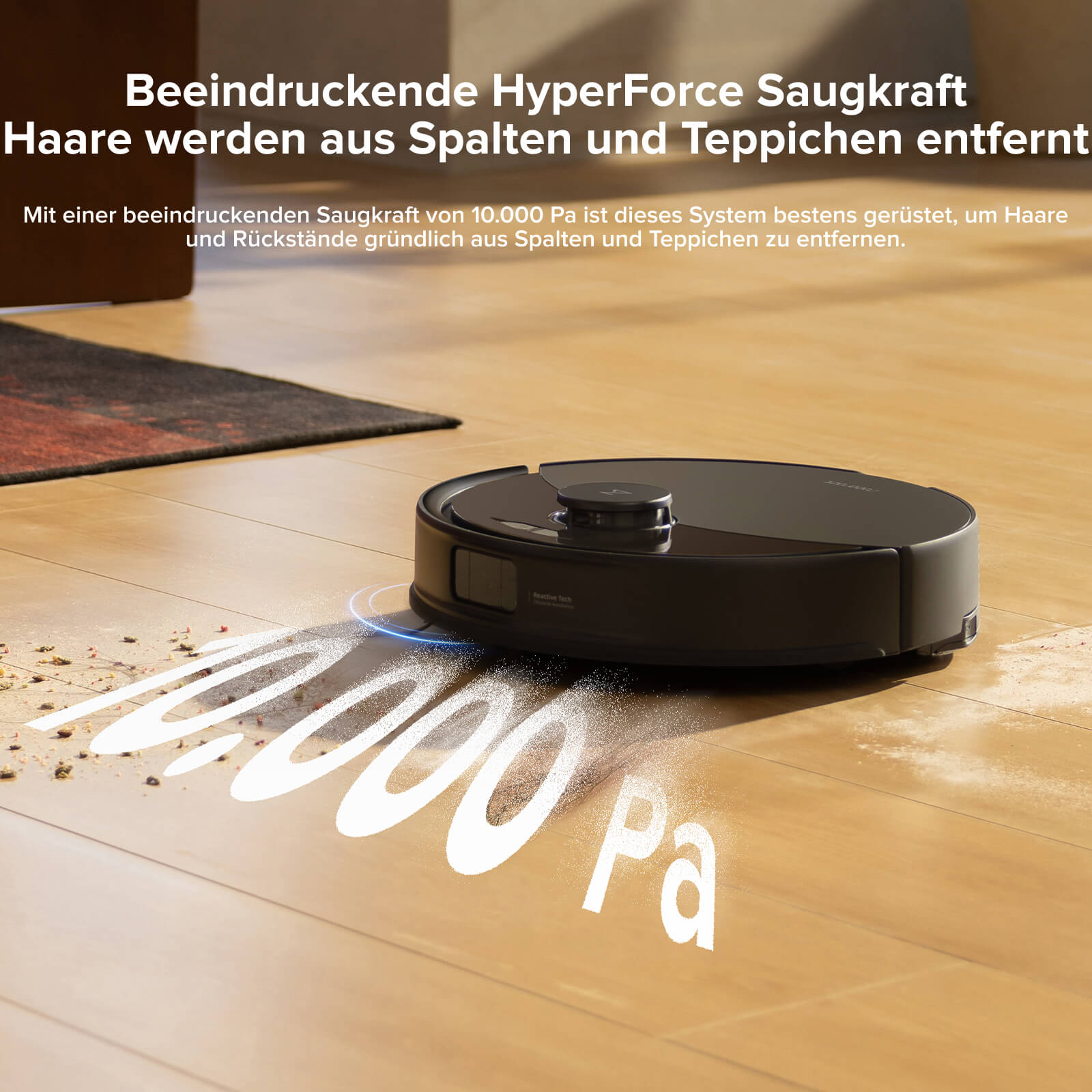 Roborock Q10 X5 saugt auf Teppich mit 10.000 Pa HyperForce Saugkraft