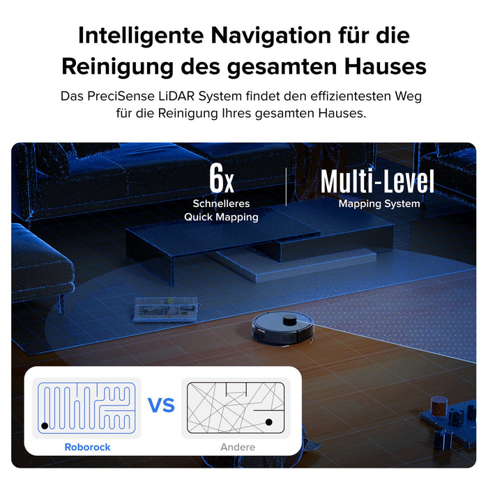 Roborock Q7 L5 schwarze Variante navigiert per LiDAR durch modernes Wohnzimmer