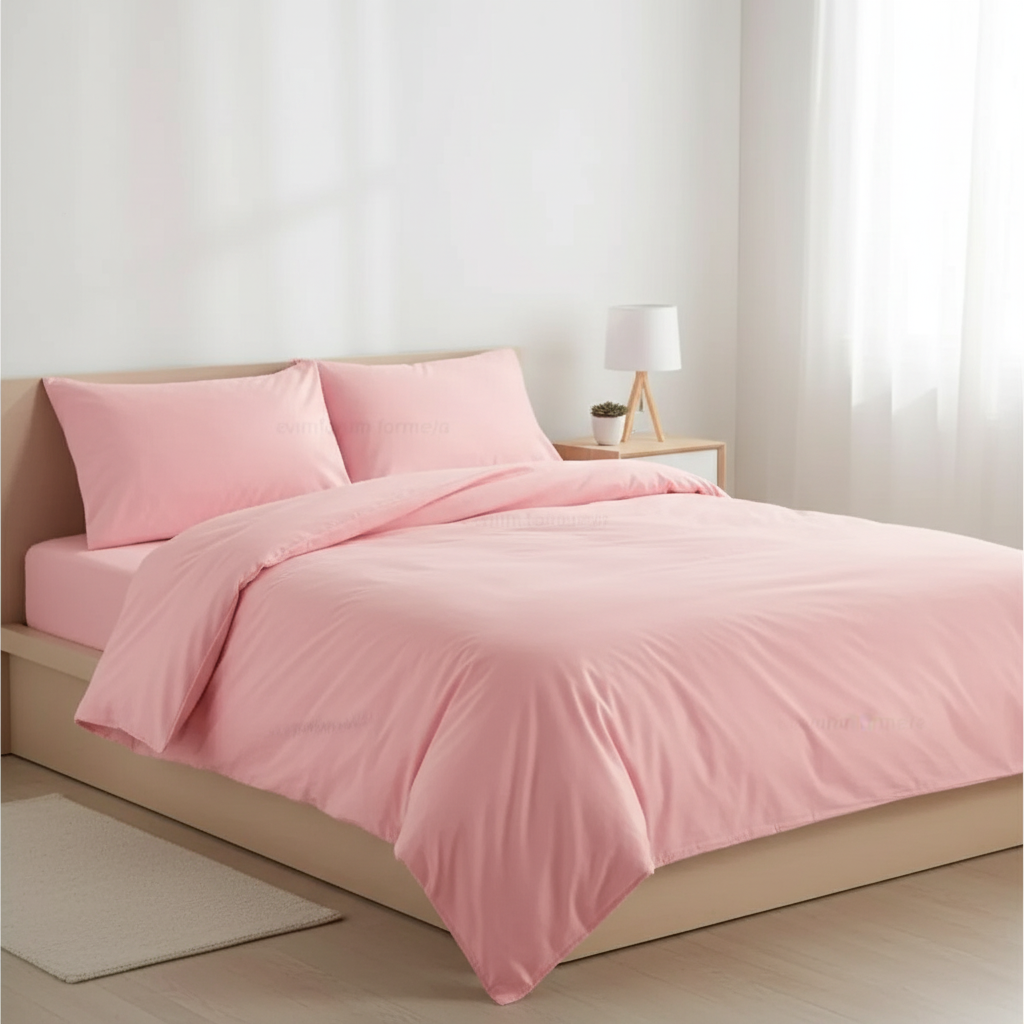 Bettwäsche Set Rosa aus 100% Baumwolle Ranforce mit Spannbettlaken