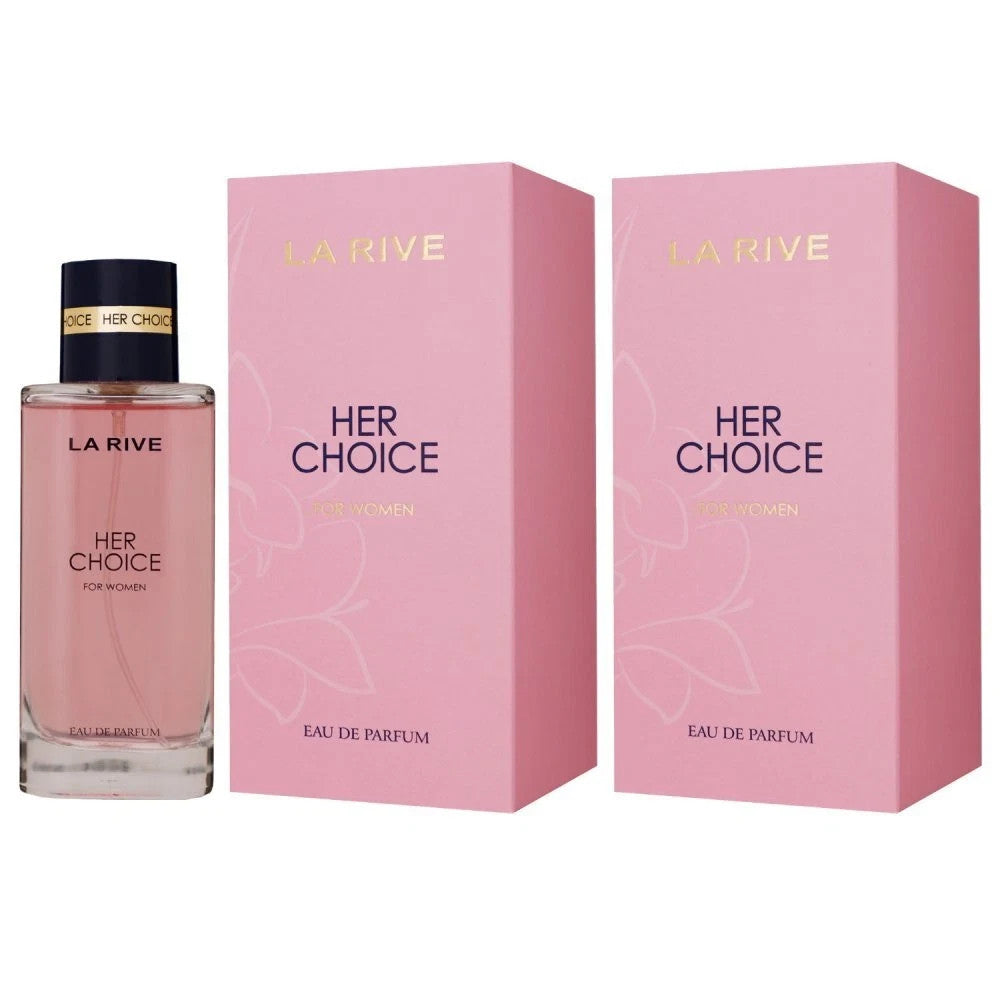 La Rive Her Choice Eau de Parfum, Flakon und rosa Faltschachtel dezent präsentiert, süß-blumiger Damenduft