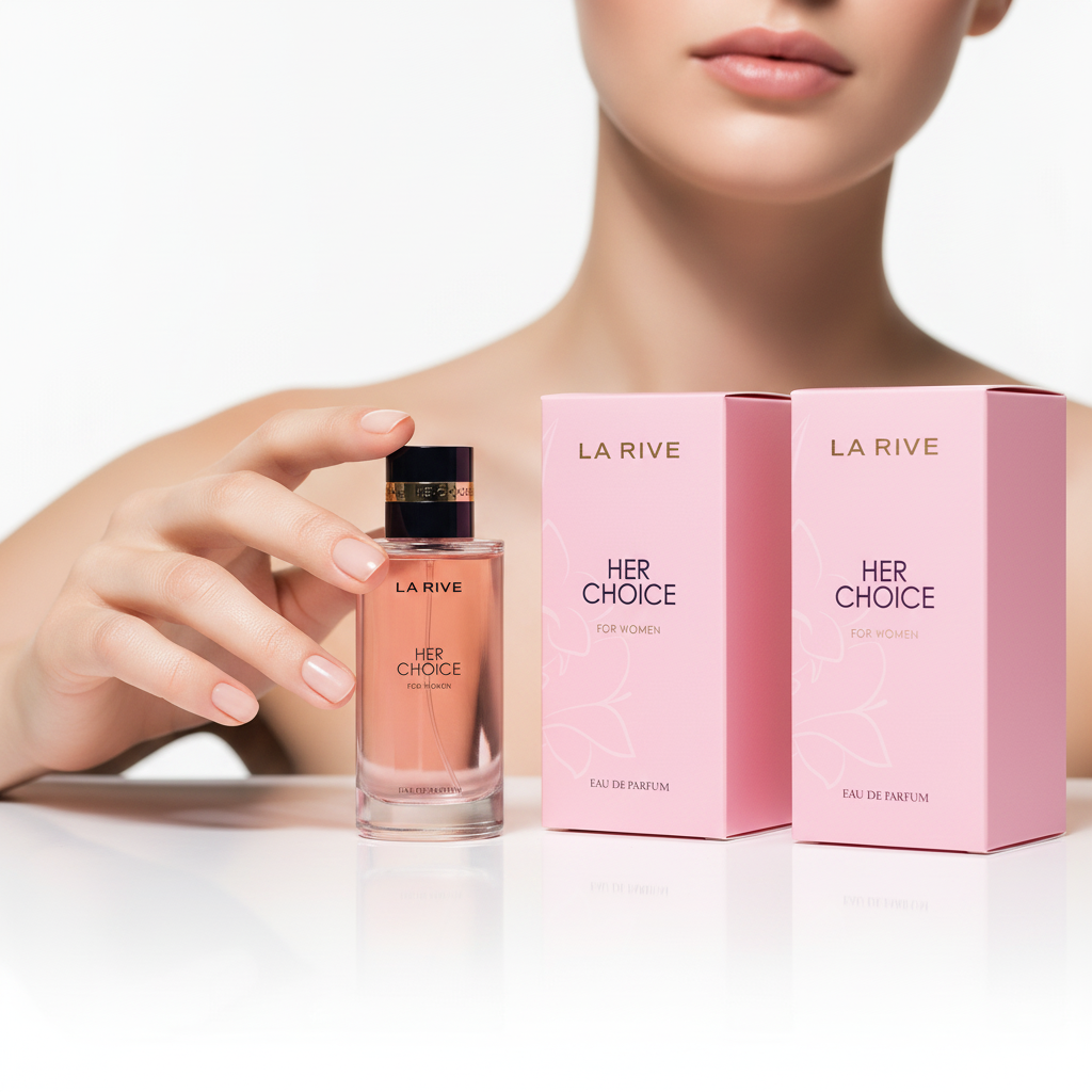 La Rive Her Choice Eau de Parfum, Glasflakon mit zwei rosa Faltschachteln vor hellem Hintergrund – Damenduft Set